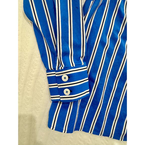 Talbots Easy Care Shirt Women's Large Blue White Black Stripes Coastal Nautical - Picture 4 of 15